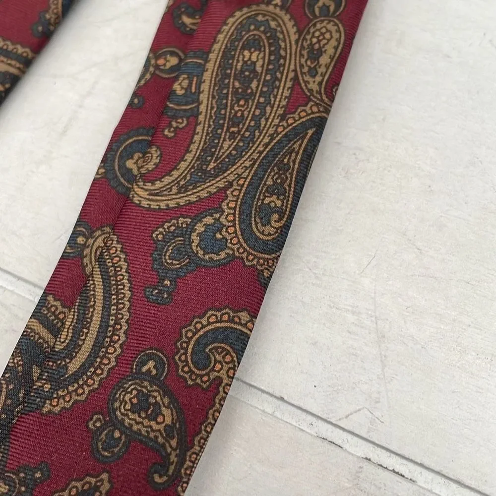 Vintage Mario Valentino Silk Ties For Mens Maroon Midnight Blue Paisley Print US